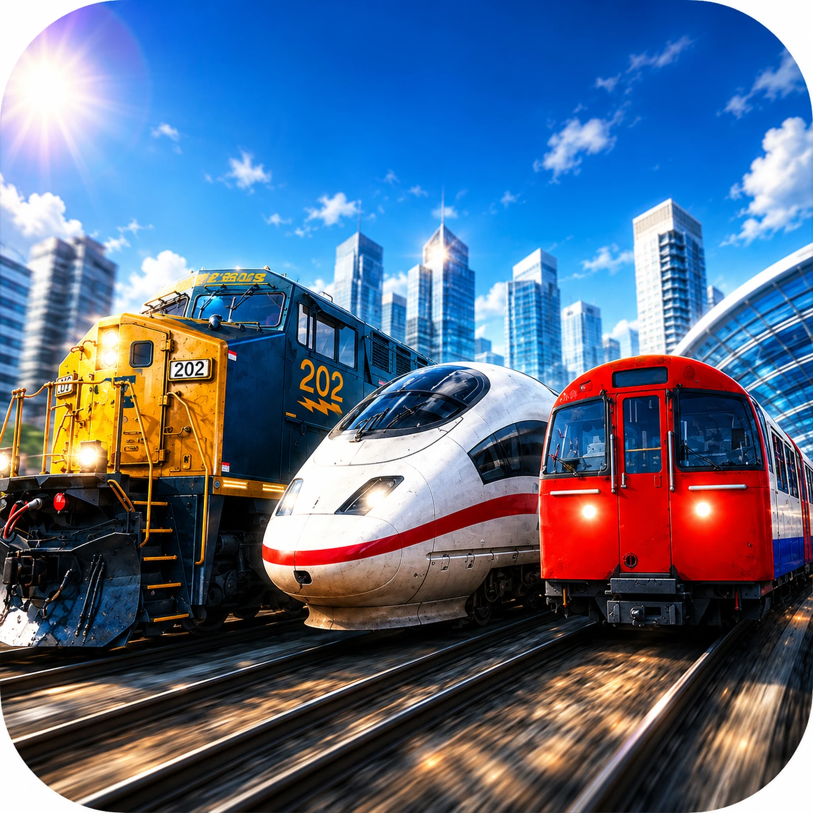 Three racing trains in a modern city
